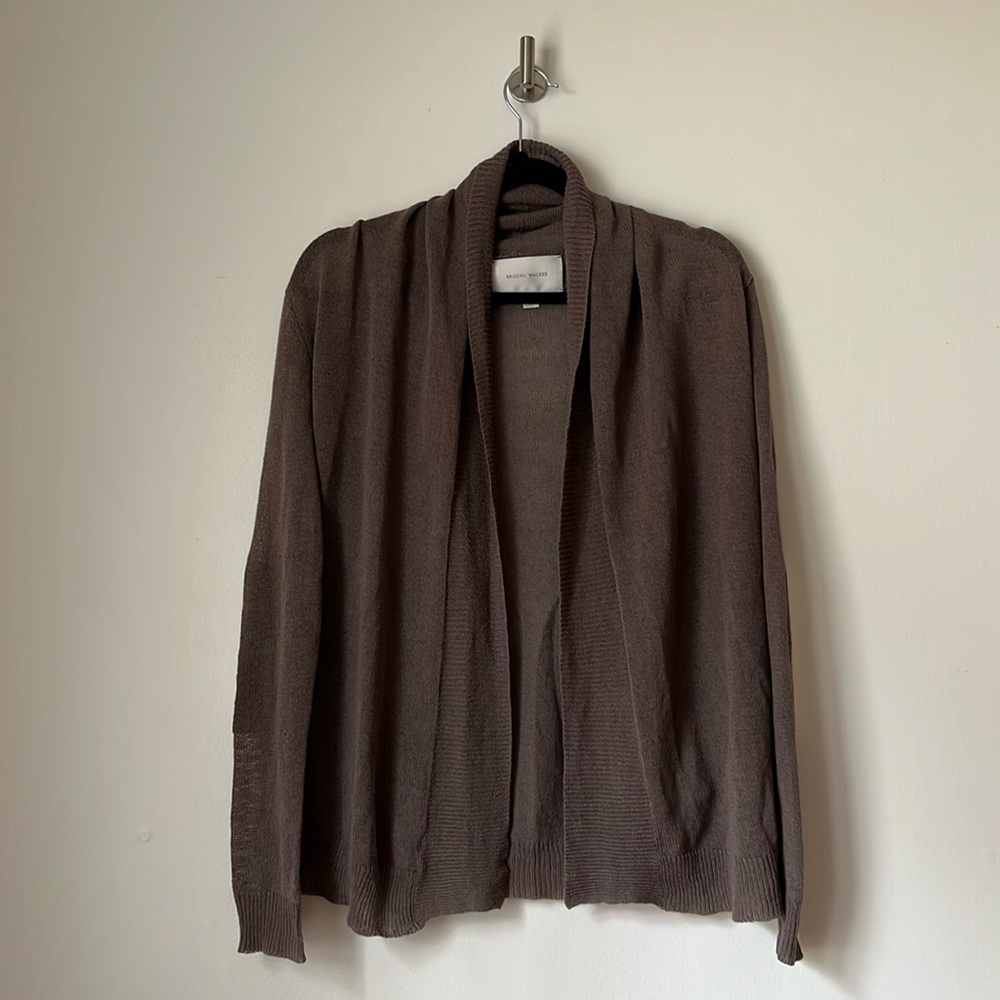 Brochu Walker Linen Cotton Brown Cardigan with Gold Leather Elbow Patches, S